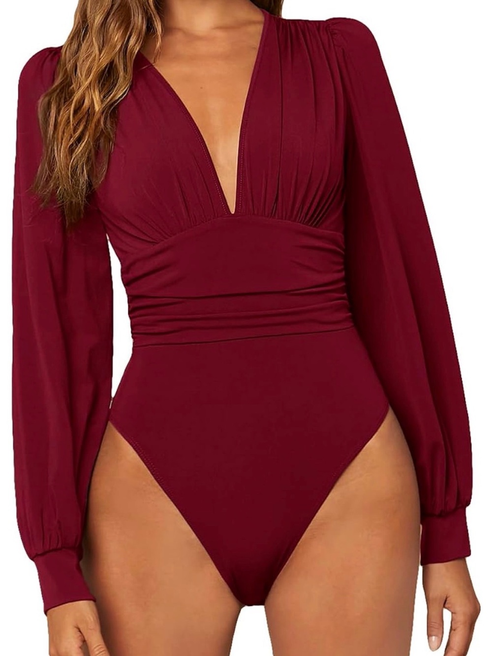 Burgundy Long-Sleeve V-Neck Bodysuit